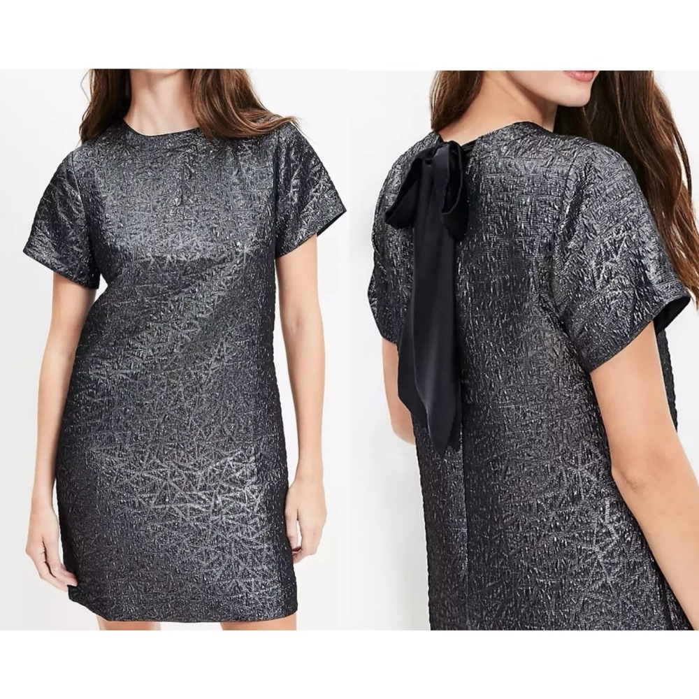 Loft Metallic Brocade Bow Back Mini Dress Black Gray Metallic size 6